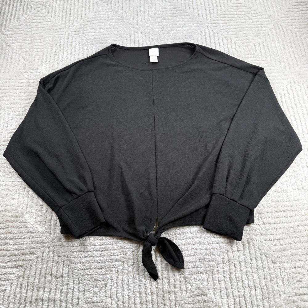 H&M Tie Front Top Women's Medium Black Cropped Shirt Basics Minimalist Capsule